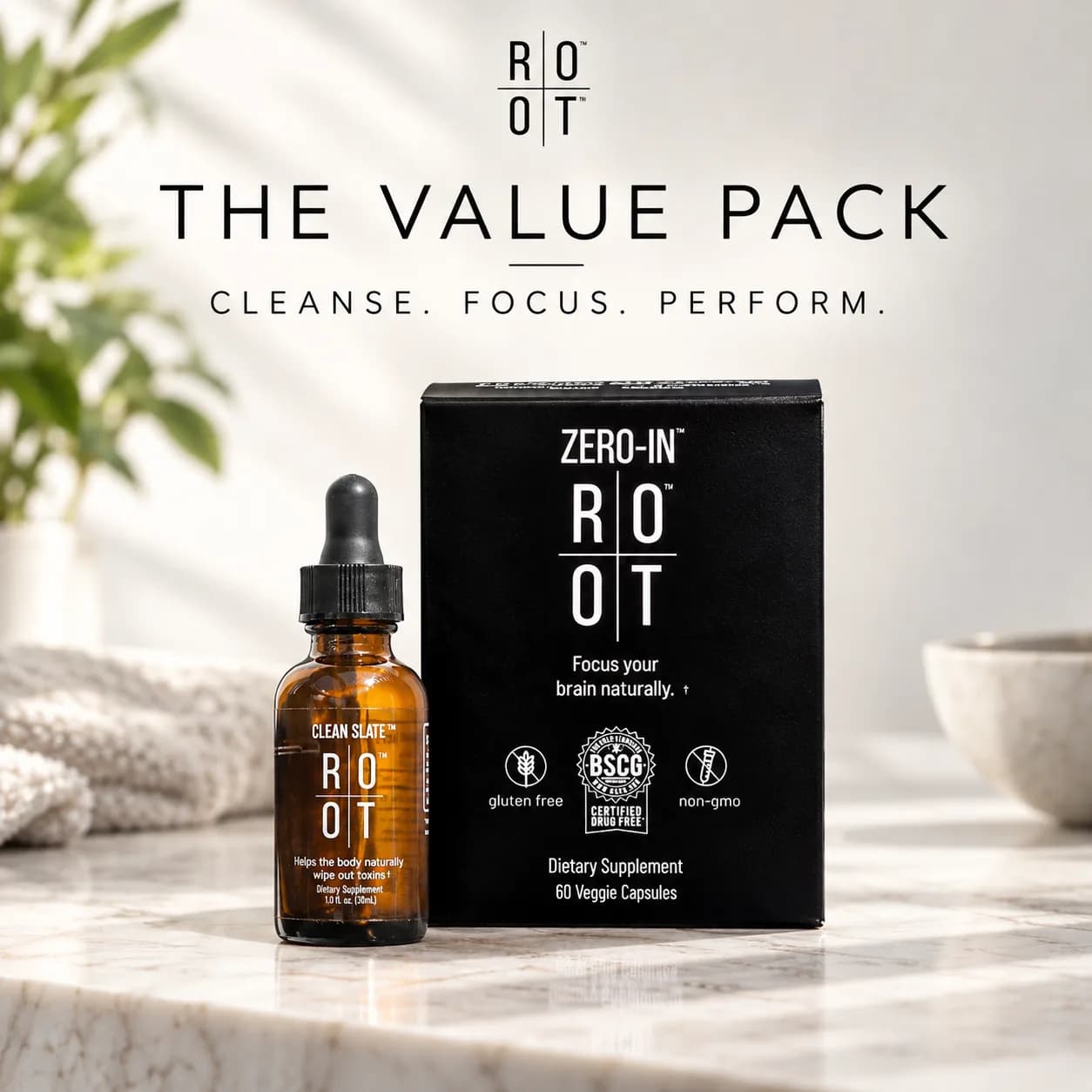 Clean Slate şişesi ve Zero-In kapsüllerinden oluşan ROOT Value Pack